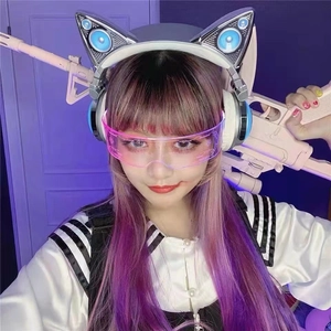 Cyberpunk LED glasses and cat-ear headphones detail with pink futuristic lighting effects