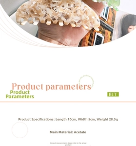 Detail view of a 10x5cm marble beige acetate hair claw clip showing size and weight specs