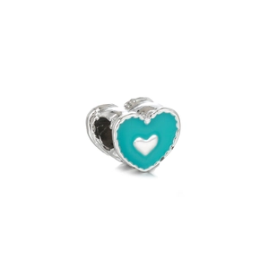 Macro shot of silver heart charm with teal enamel and side hole for DIY bracelets