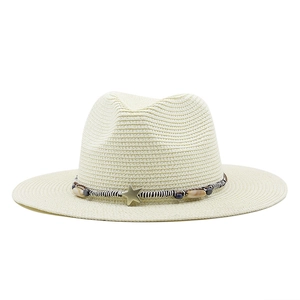Beige straw fedora sun hat with flat brim and star bead decoration for women