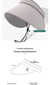 UPF 50+ sun hat detail showing wide brim measurements and adjustable windproof rope cord