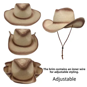 Detail of adjustable cowboy straw hat with wire brim for custom shaping and windproof rope