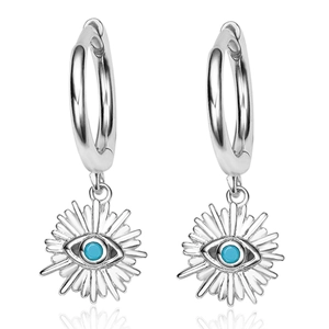 S925 Sterling Silver Evil Eye Hoop Earrings with Blue Crystal Inlay on White Background