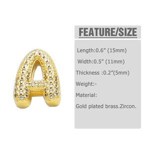 Detailed view of gold plated brass letter A charm with zircon insets, 15mm x 11mm