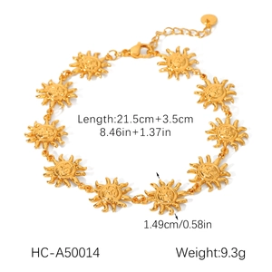 Detail view of 18K gold sun link anklet with size specs on white background