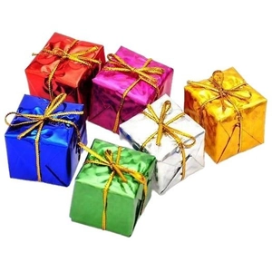 Set of 6 colorful Christmas tree gift box ornaments with gold ribbons in various metallic shades