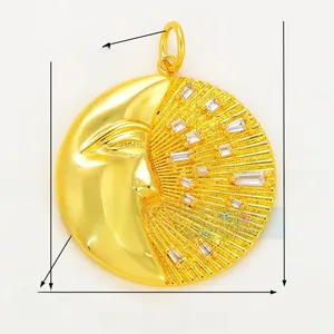 Macro shot of sun and moon pendant with cubic zirconia inlay and detailed dimensions