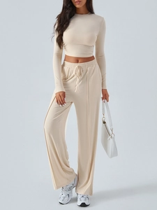 Haut Court Manches Longues En Tricot Côtelé Femme Et Pantalon Large Taille Haute Décontracté Mode Automne