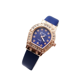 Elegant rose gold horseshoe quartz watch with crystal bezel and blue leather strap