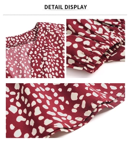 Detail shots of the V-neckline, cuffs and hem of the red leopard print casual dress