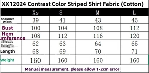 Detailed size chart for the striped poplin shirt with contrast collar showing measurements