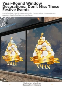 Detail of Christmas window stickers featuring 3D golden balls and Merry Christmas lettering