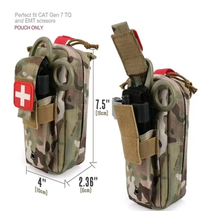 Detail of camouflage tactical pouch showing dimensions and interior space for EMT tools