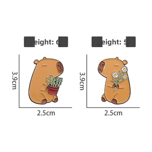 Cute capybara enamel pins with flower and plant motifs, set of two 3.9cm brooches