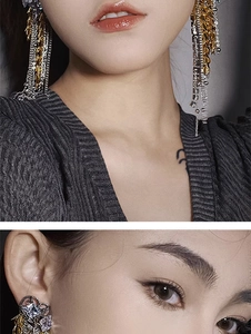 Detail of long tassel fireworks earrings with sparkling zircons on a fashion model