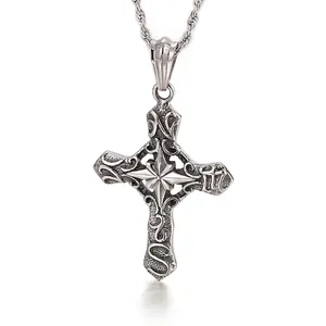 Vintage Gothic Cross Pendant Stainless Steel Star Detail Retro Punk Jewelry For Men