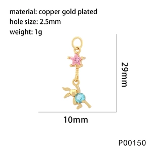 Macro view of gold-plated rabbit pendant with pink star zirconia and size dimensions
