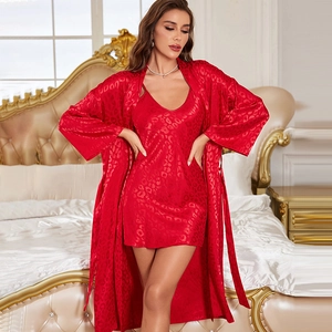 Red leopard print satin pajama set featuring a camisole dress and a long sleeve robe