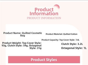 Quilted cotton makeup bag size and capacity specification details chart