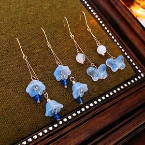 Elegant Long Drop Earrings Blue Butterfly Floral Glass Bead Tassel Ear Hooks Niche Style Jewelry For Women