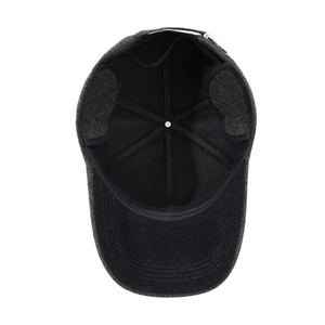Winter thermal baseball cap for men featuring ear flaps and thick wool fabric in dark grey
