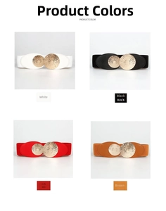 Detail view of elastic waist belt set in white, black, red, and brown with gold buckles