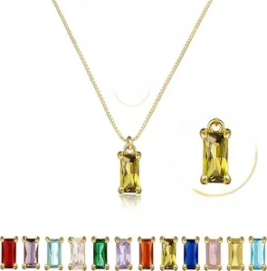 Detail showing adjustable length 14K gold plated necklace with colorful birthstone pendant