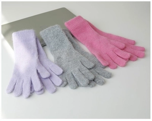 Three pairs of soft thermal knit gloves in light purple, grey, and pink pastel colors