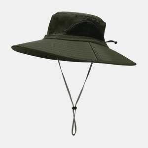 Detail of dark olive wide brim sun hat with mesh vents and adjustable chin strap