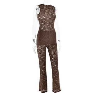 Brown lace two-piece set featuring a sleeveless crew neck top and flared trousers