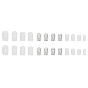 Gray and white marble textured press-on nails set in mid-length square round shape