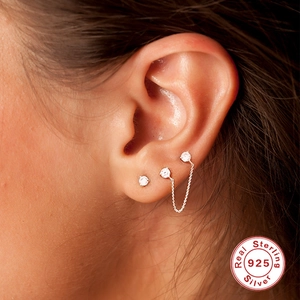 S925 sterling silver chain earrings with micro pavé studs for double piercings