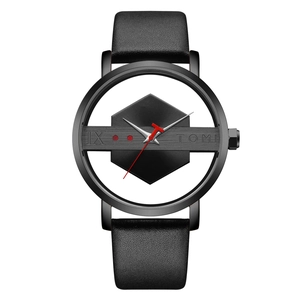 Minimalist all-black skeleton watch with matte case and striking red second hand
