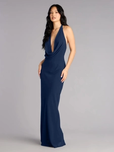 Elegant deep blue halter neck maxi dress with a cowl neck and slim fit evening silhouette