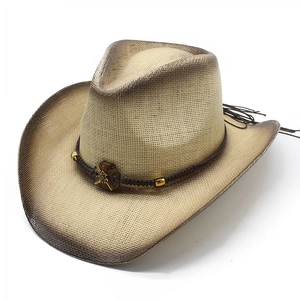 Classic western straw cowboy hat with painted brim and decorative beaded band