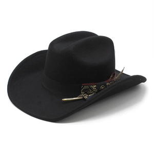 Classic black wool felt cowboy hat with vintage paisley band and decorative feather charm