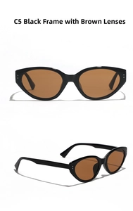 Detail of C5 cat eye sunglasses featuring black frames and brown tinted lenses