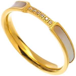 Titanium steel gold ring with white mother-of-pearl inlay and six small round diamonds