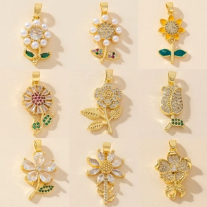 Flower Pendant Necklace Gold Plated Copper Cubic Zirconia Artificial Pearl Floral Charm Jewelry For Women Trendy Commuter
