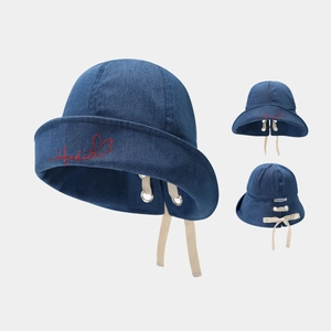 Denim Fischerhut Damen Baumwolle Buchstaben Herz Stickerei Schnürband Sonnenschutz Lässig Vintage Sonnenschutzhut