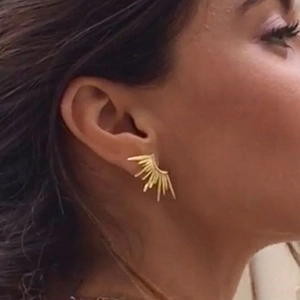 Minimalist 18K gold plated sunburst stud earrings with geometric solar ray design