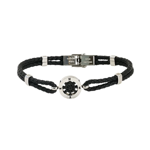 Braided black leather bracelet with compass anchor design and stainless steel clasp