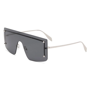 Oversized silver metal frame sunglasses with rivets and dark grey lenses for men and women