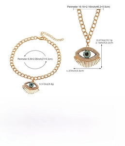 Detailed view of evil eye jewelry set dimensions and gold zinc alloy material specs