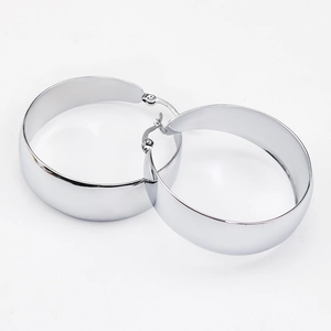 Polished silver wide-band chunky hoop earrings in minimalist stainless steel style