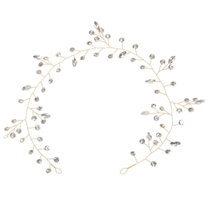 Handmade gold bridal headband with marquise rhinestones on a white background