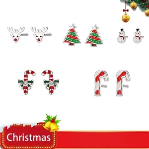 Boucles d'Oreilles Clous en Argent Sterling 925 Noël Émail Bonhomme de Neige Renne Sapin de Noël Bijoux en Strass pour Femme
