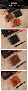 Three men's vintage leather wallets in black and coffee with skull embossing on a desk