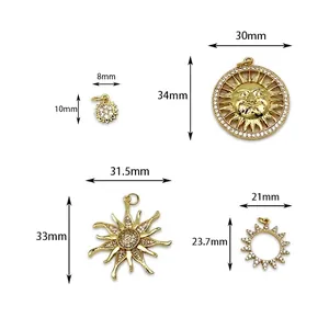 Four gold micro-pave sunflower pendants with precise measurements for DIY jewelry making