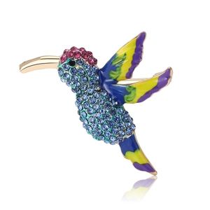 Exquisite hummingbird brooch with blue and pink rhinestones and colorful enamel painting
